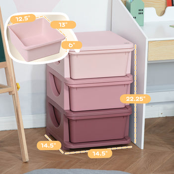 3 Drawers Kids Storage Unit, 3 Tier Stackable Toy Organizers and Storage Chest for Bedroom, Nursery, Playroom, Pink