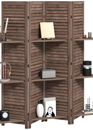 4 Panel 67" Tall Wood Privacy Screen Room Divider with 3 Shelves and Folding Storage for Bedroom, Walnut