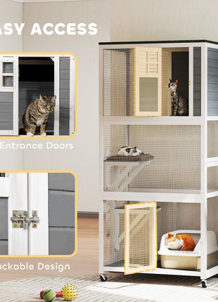 74" Wooden Catio Outdoor Cat Enclosure Weatherproof & Wheeled, Outside Cat House with High Weight Capacity, Kitten Cage Condo, White