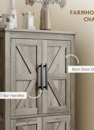 Bathroom Floor Storage Cabinet, Farmhouse Bathroom Cabinet with 4 Doors and Adjustable Shelf, Light Gray