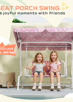 Kids Porch Swing, 2-Seater Patio Swing Bench with Safety Belts, Adjustable Canopy for Backyard, Garden, Pink