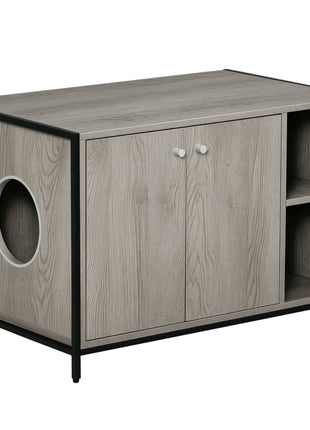 Large Wooden & Steel Cat Litter Box Enclosure, Kitten Washroom End Table, Indoor Hidden Cat House with Magnetic Doors & Storage Shelves, Gray