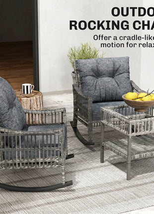 3 Piece Outdoor PE Rattan Rocker Chair Set, Rocking Chair with Tempered Glass Table Top, Gray