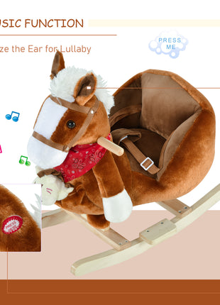 Kids Ride-On Rocking Horse Toy, Rocker with Lullaby Song, Hand Puppets & Soft Plush Fabric for Children 18-36 Months, Brown