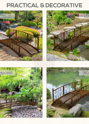 7' Metal Arch Garden Bridge Arc Footbridge with Side Railings Decorative Scrollwork, Bronze