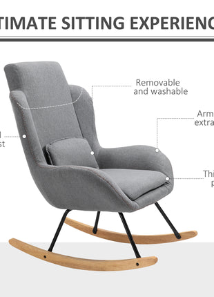 Modern Rocking Chair with Removable Lumbar Pillow Fabric Sofa Armchair with Thick Padding, Metal Frame, Wood Base for Living Room, Light Gray