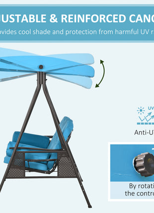 3-Seat Outdoor Porch Swing Chair with Adjustable Canopy, Cushion and Pillows for Garden, Poolside, Blue