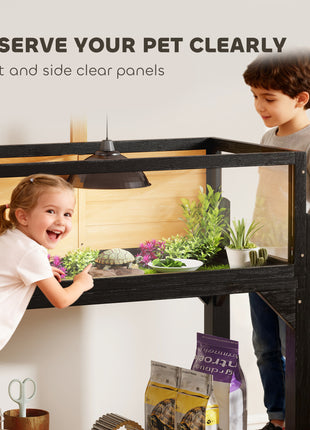 Wooden Tortoise Habitat with Storage Shelf, Tortoise Enclosure with Clear Windows, Openable Top, Lamp Holder, Yellow