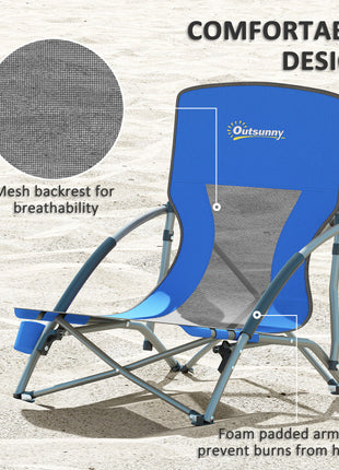 Set of 2 Folding Beach Chairs with Mesh Back, Carry Bag and Cup Holder for Outdoor Camping Lawn Sports Picnic Dark Blue