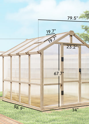 6.6 x 8 ft. Polycarbonate Greenhouse Wooden Walk-in Greenhouse Kit with Thickened Panels, Roof Vent, and Lockable Door