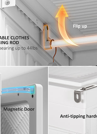 Portable Wardrobe Closet, Folding Clothes Storage Organizer with 8 Cube Compartments, 2 Hanging Rods, 11 Magnet Doors, White