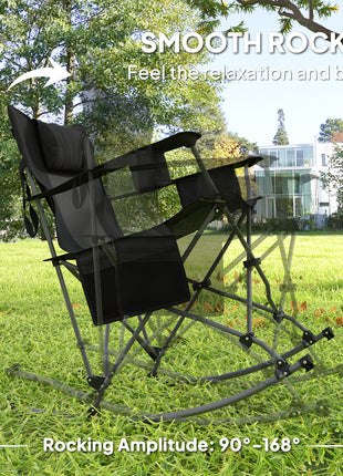 Folding Rocking Camping Chairs, Portable Chairs with Headrest, Cooler Bag, Cup Holder, Carry Bag, 2 Pack, Black