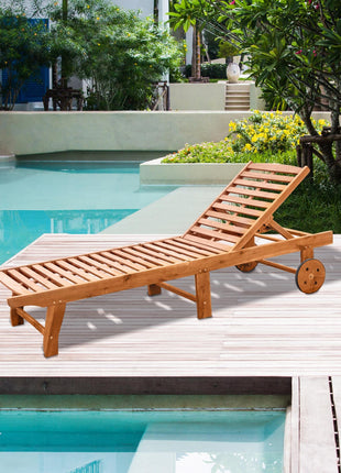 Outdoor Folding Chaise Lounge Chair Recliner with Wheels, Acacia Wood Frame - Teak Color