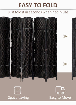Room Divider 6 Panel, 6FT Tall Folding Privacy Screen, Freestanding Hand-Woven Partition for Room Separation with 360° Hinges, Paper Rope Diamond Weave, Black