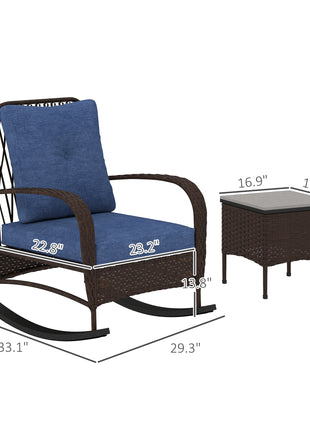 3 Piece Wicker Patio Furniture Set, Outdoor PE Rattan Rocking Chairs with Coffee Table, Cushions for Porch, Brown