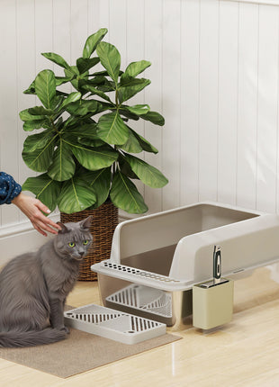 Stainless Steel Litter Box with Metal Scoop & Scoop Holder, High Sided, Anti-Urine Leakage, Non-Sticky