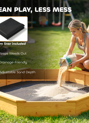 Wooden Sandbox with Large Canopy, Outdoor Sand Box with 4 Bench Seats, Bottom Liner for 8 Kids Aged 3-8, Yellow