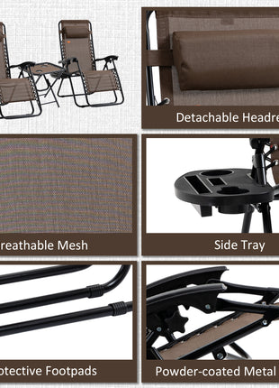 Zero Gravity Chair Set with Side Table, Folding Reclining Chair with Cupholders & Pillows, Adjustable Lounge Chairs for Pool, Backyard, Lawn, Beach, Brown