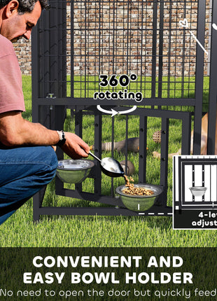 Welded Wire Outdoor Dog Kennel with 360° Rotating & 4 Levels Adjustable Bowls, Waterproof Cover, 7.9' x 4' x 6'