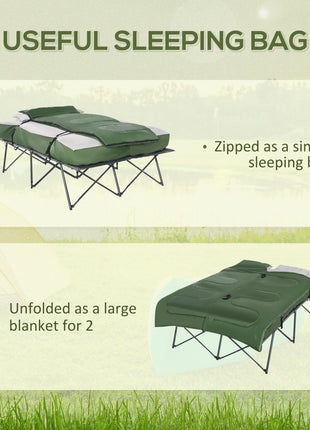 2-Person Folding Camping Cot Portable Outdoor Bed Set with Sleeping Bag, Inflatable Air Mattress, Comfort Pillows and Carry Bag, Soft and Comfortable for Outdoor Travel Camp Beach Vacation