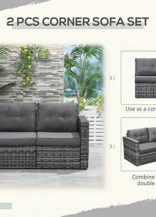 2 Piece Patio Wicker Corner Sofa Set, Outdoor PE Rattan Furniture, with Curved Armrests and Padded Cushions for Balcony, Garden, or Lawn, Gray