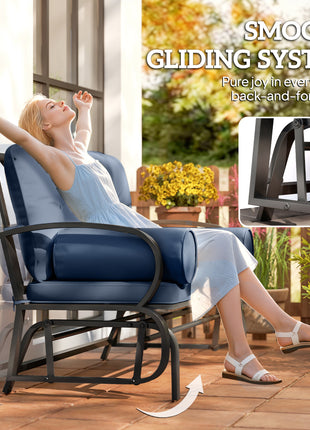 Swing Glider Rocking Chair, Double Patio Bench, 2 Person Loveseat with Steel Frame, Cushions, Pillow Armrests, Blue
