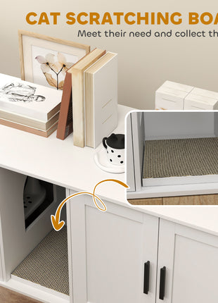 Cat Litter Box Enclosure with Double Room, Scratching Mat for 2 Cats, 57" x 19" x 20", White