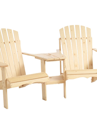 Fire Pit Seating, 2 Wooden Adirondack Chairs with Outdoor Table & Umbrella Hole, Wood 2 Person Adirondack Bench, Natural