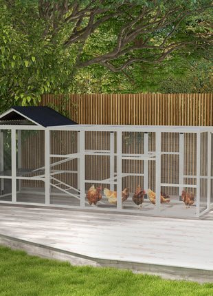 Wooden Chicken Coop Run for 6 - 10 Chickens, Hen House Add-On with Storage, Perches, 141.75" x 48" x 61", Gray