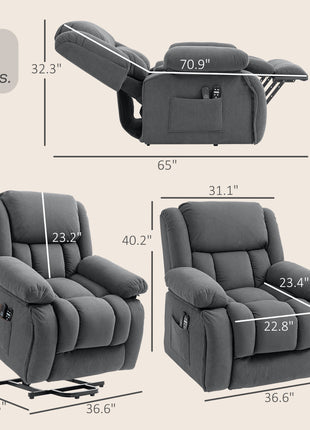 Overstuffed Power Lift Recliner Chair with Vibration Massage and Heat, Side Pockets, Pocket Spring, for Adults, Gray