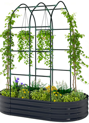 Galvanised Raised Garden Bed with Arched Trellis, 5 x 3 x 6ft Metal Outdoor Planter Box with Open Bottom, Dark Gray