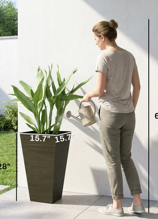Set of 3 Tall Planters, 28" Outdoor Planter w/ Drainage Holes, Faux Wood Plastic Flower Pots, Dark Brown