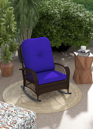 Rattan Porch Rocker w/ Plush Cushion, Dark Blue