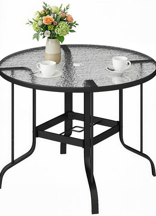 38" Round Patio Table with Umbrella Hole, Tempered Glass Outdoor Dining Table, Black