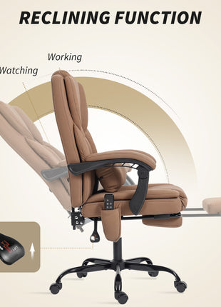 Office Chair with Massage, Pet-Friendly Faux Leather Reclining Desk Chair with Lumbar Support, Footrest, Brown
