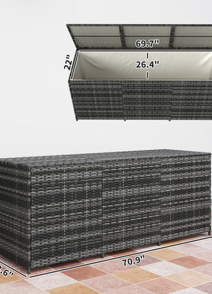 175 Gallon Outdoor Storage Box with Inner Liner, PE Rattan Wicker Deck Box with Pneumatic Bar Lift, Mixed Gray