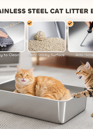XL Stainless Steel Litter Box w/ 100° Flip Top, Scoop, Step, Top & Side Entry Enclosed Litter Box for Big Cats