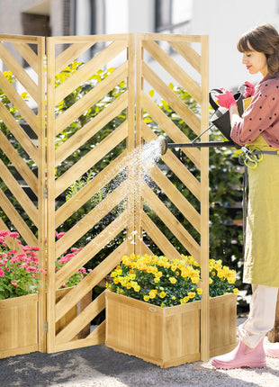 Decorative Outdoor Privacy Screen, Freestanding Divider/Separator with 4 Self-Draining Planters, 3 Trellis Plant Support Panels for Garden Walkway, Backyard, Natural Wood