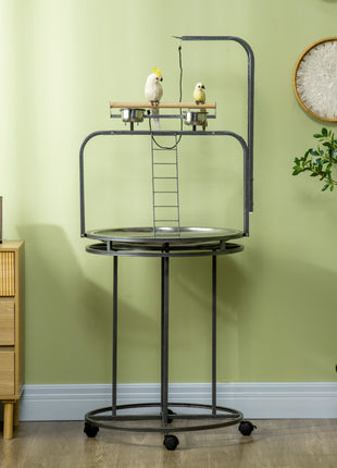 Parrot Stand Large Bird Perch Stand with Toy Hook & 3 Ladders, Parrot Perch, Bird Wooden Stand, Gray