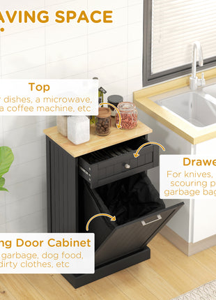 10 Gallon Tilt Out Trash Cabinet, Wooden Hidden Trash Can with Storage Drawer for Kitchen, Laundry Hamper Cabinet for Bathroom, Black