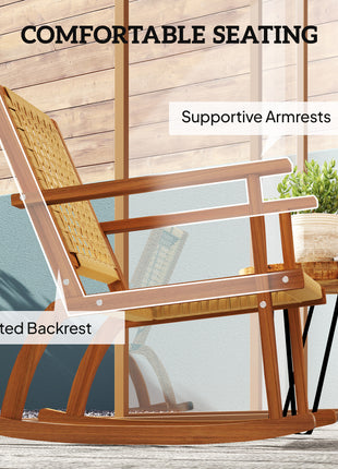 Outdoor Lawn Rocking Chair Set of 2, Acacia Wood Patio Rocking Chairs with Wicker Back and Seat for Garden, Khaki