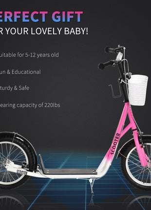 Youth Scooter, Kick Scooter with Adjustable Handlebars, Double Brakes, 16" Inflatable Rubber Tires, Basket, Cupholder, Pink