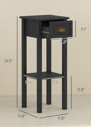 2-Tier Side Tables Set of 2 with Drawer and Shelf, 2 Pieces End Tables for Living Room and Hallway, Black