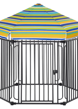 48" x 41" Heavy-Duty Metal Dog Playpen, Outdoor Pet Cage Kennel, Puppy Exercise Fence Barrier with Weather-Resistant Polyester Roof, Locking Door and Solid Black Frame