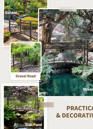 3.3' Metal Arch Zen Garden Bridge with Safety Siderails, Decorative Footbridge, Delicate Scrollwork & Corner Spheres for Stream, Fish Pond, Bronze