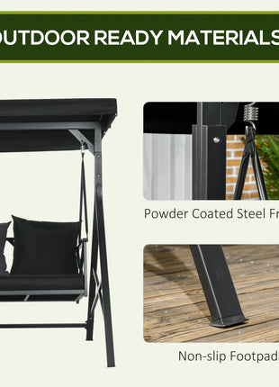3-Seat Patio Swing Chair, Porch Swing Glider with Cushion, 3 Throw Pillows & Adjustable Canopy for Porch, Garden, Poolside, Backyard, Black