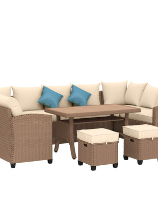 6 Piece Patio Furniture Set, PE Wicker Outdoor Furniture Conversation Set with 3 Sofas, 2 Ottomans and Slatted WPC Top Dining Table, All Weather Sectional Sofa Couch with Pillows, Khaki