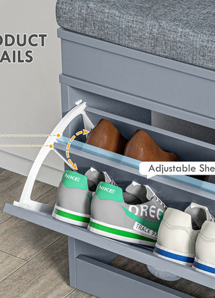 Modern Shoe Storage Bench, Entry Way Bench with Cushion, 2 Drawers, Storage Ottoman Bench, Holds 8 Pairs, Gray