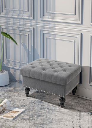Ottoman with Storage for Living Room, 25" Storage Ottoman with Removable Lid, Button-Tufted Fabric Bench for Footrest and Seat with Wood Legs, Gray