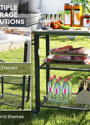 3-Shelf Outdoor Grill Cart with Stainless Steel Tabletop, Movable Pizza Oven Table with Hooks, Side Handle, Wheels